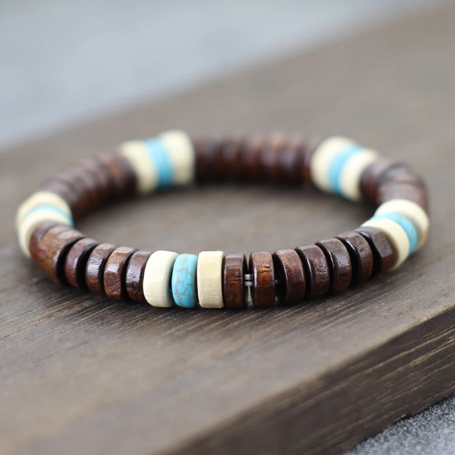 Nomad Wood | Handmade Bracelet with Turquoise Accents – Natural 8mm Beads