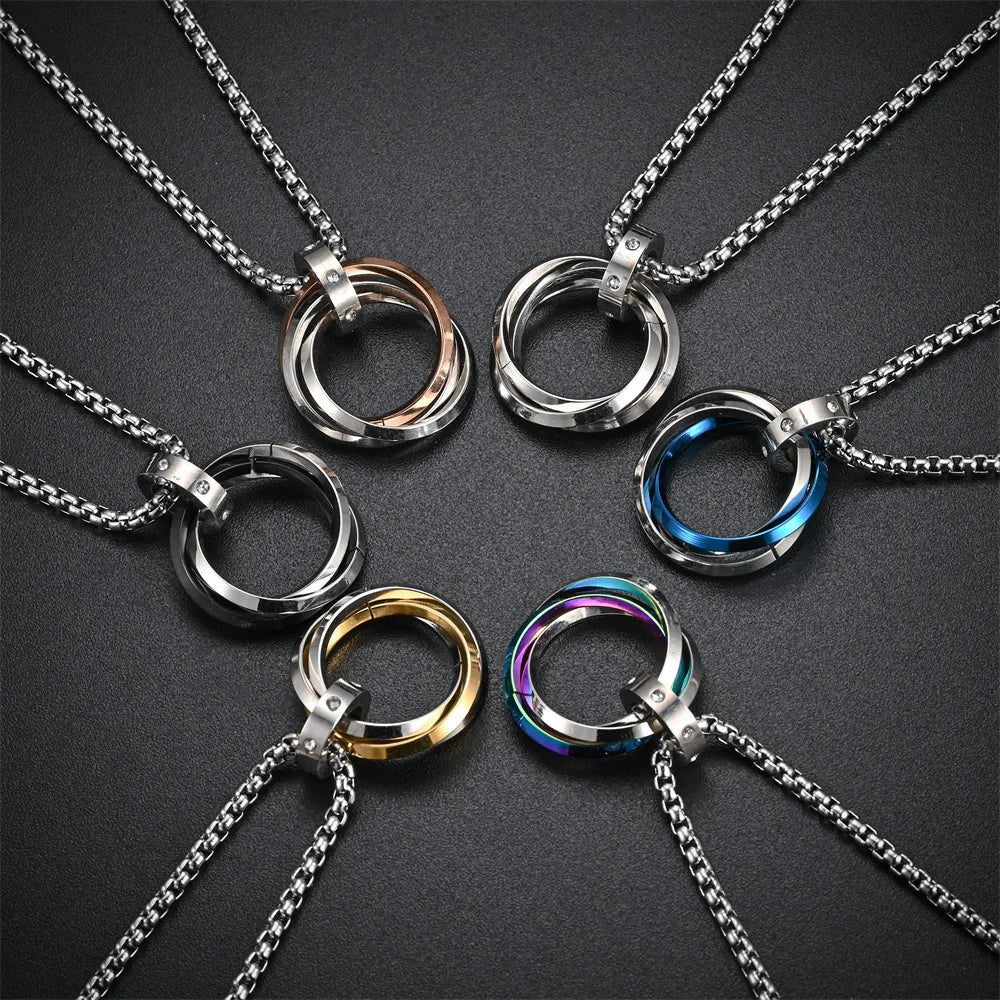 Triple Ring Pendant Necklace – Titanium Steel Hip-hop Chain for Men