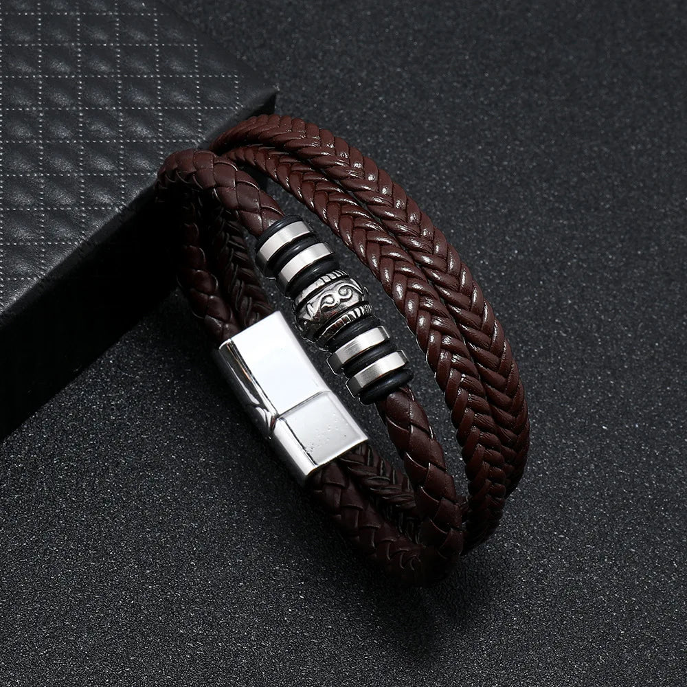 Gravín Layered Leather Bracelet – Braided & Steel Combo