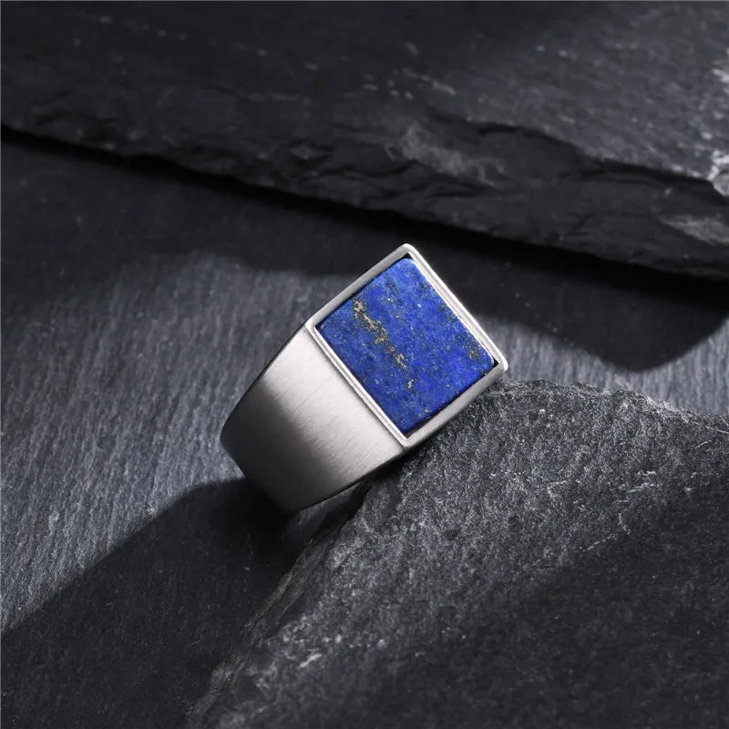 ZORCVENS Blue Nature Stone Ring for Men Boys,316l Stainless Steel Square Ring,Thumb Ring Male Jewelry Gifts