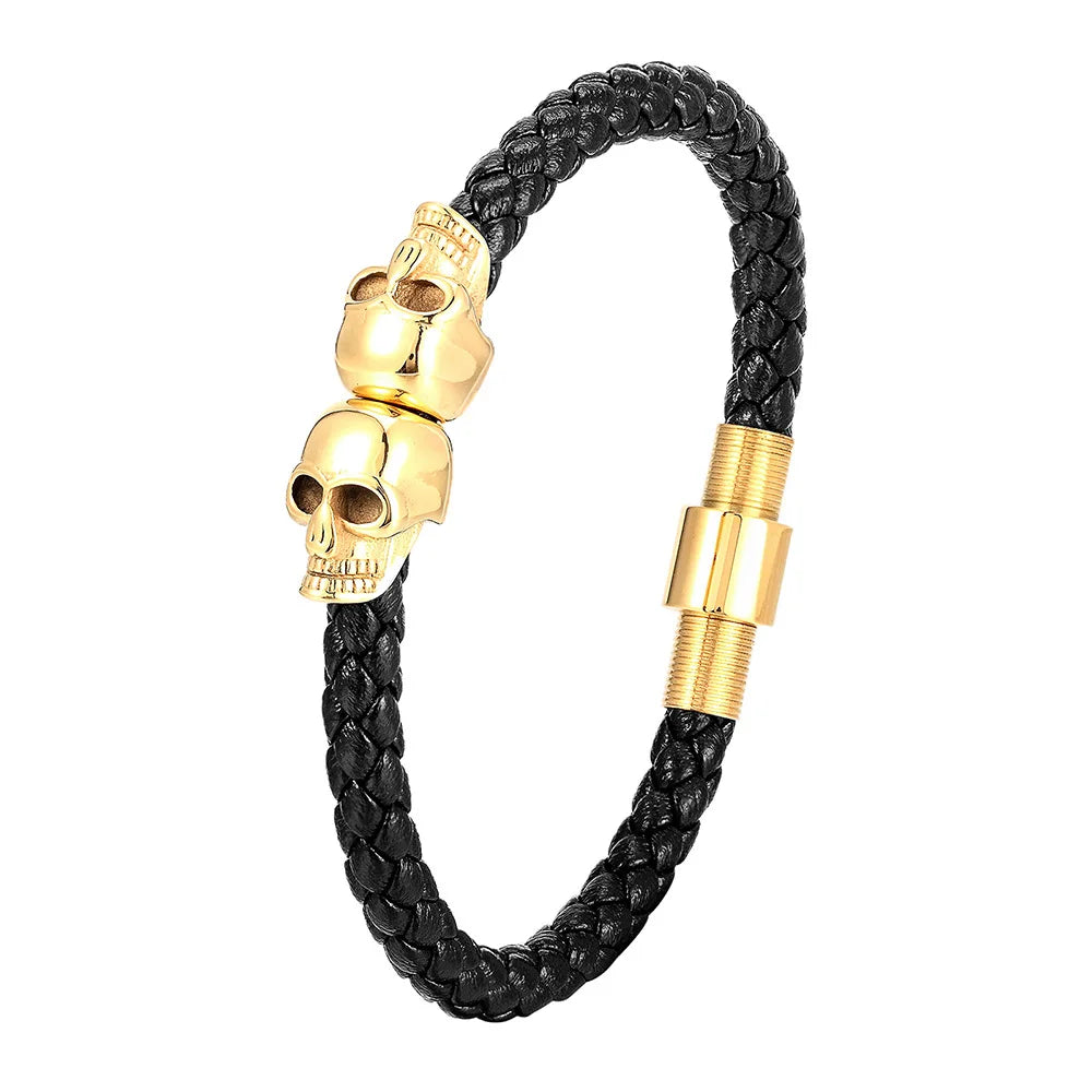 Braided Leather Skull Bracelet – Stainless Steel Magnetic Clasp
