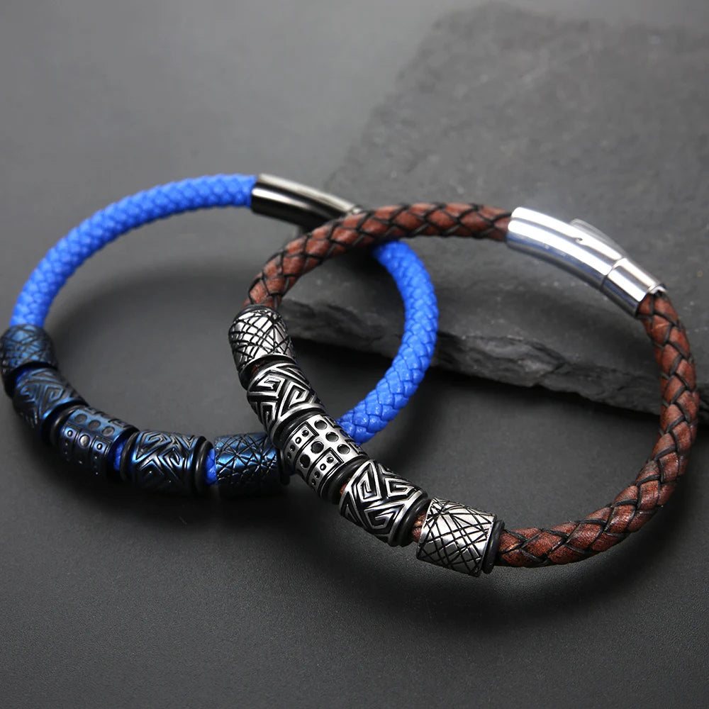 Gravín Tribal Bead Bracelet – Braided Leather & Steel Core