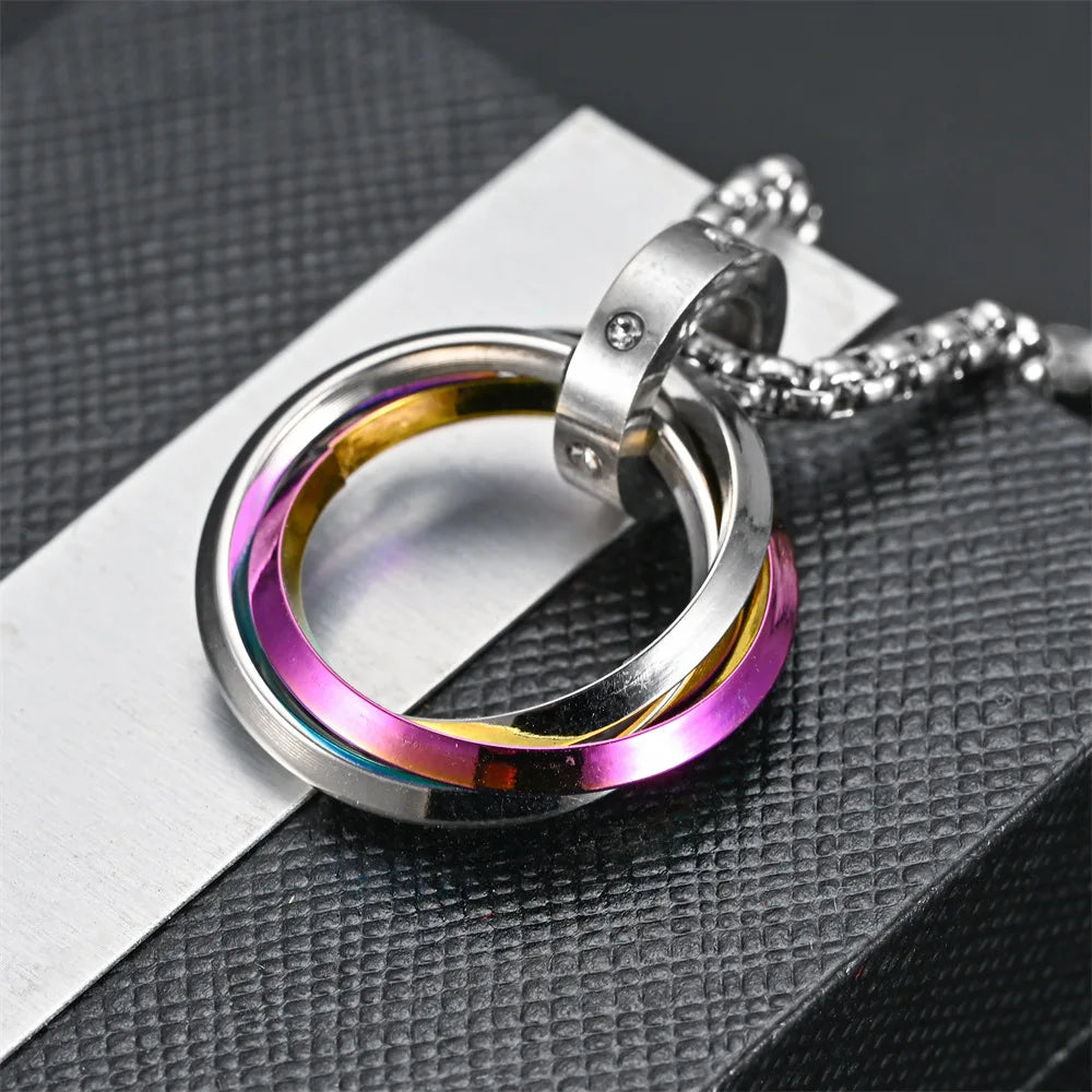 Triple Ring Pendant Necklace – Titanium Steel Hip-hop Chain for Men