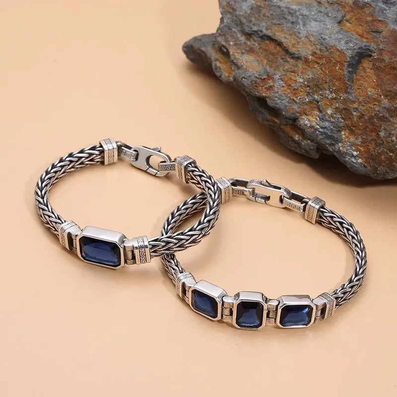 Royal Weave Bracelet – Vintage Silver & Sapphire-Blue Stones