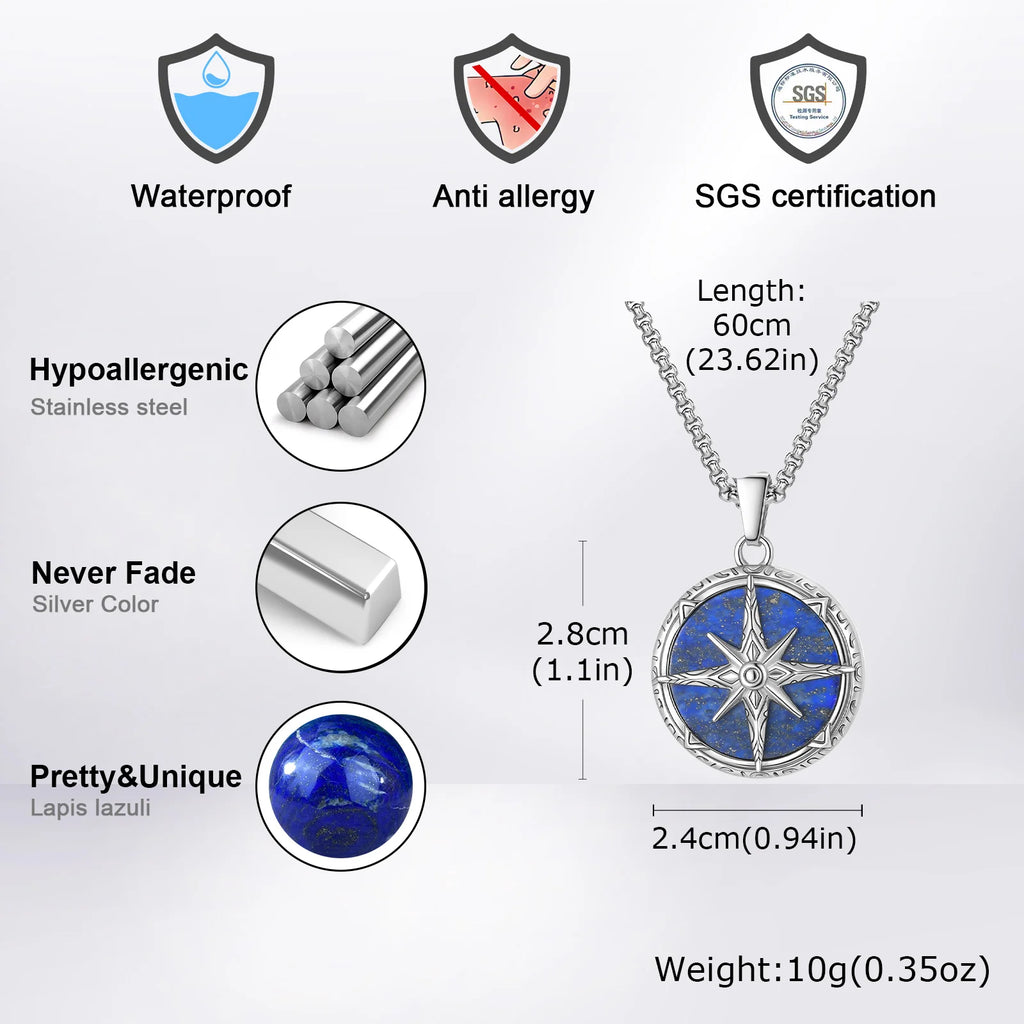 Compass Pendant with Natural Stone – Stainless Steel Star Necklace for Men