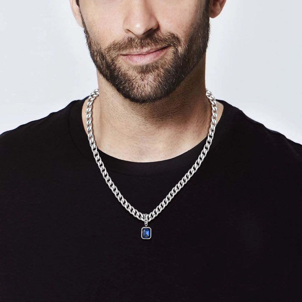 Cuban Chain Necklace with Square Blue Stone – Stainless Steel Pendant Jewelry for Men