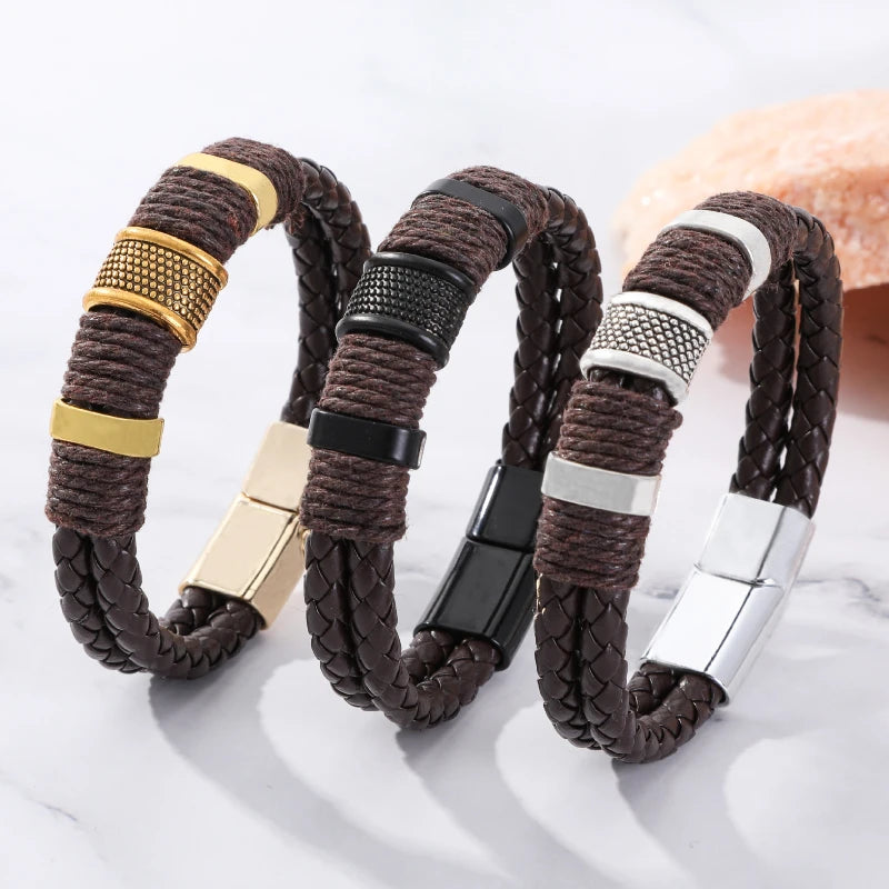 Dual-Layer Leather Bracelet with Stainless Steel Accent