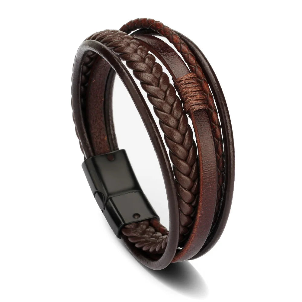 Gravín Layered Leather Bracelet – Braided & Steel Combo