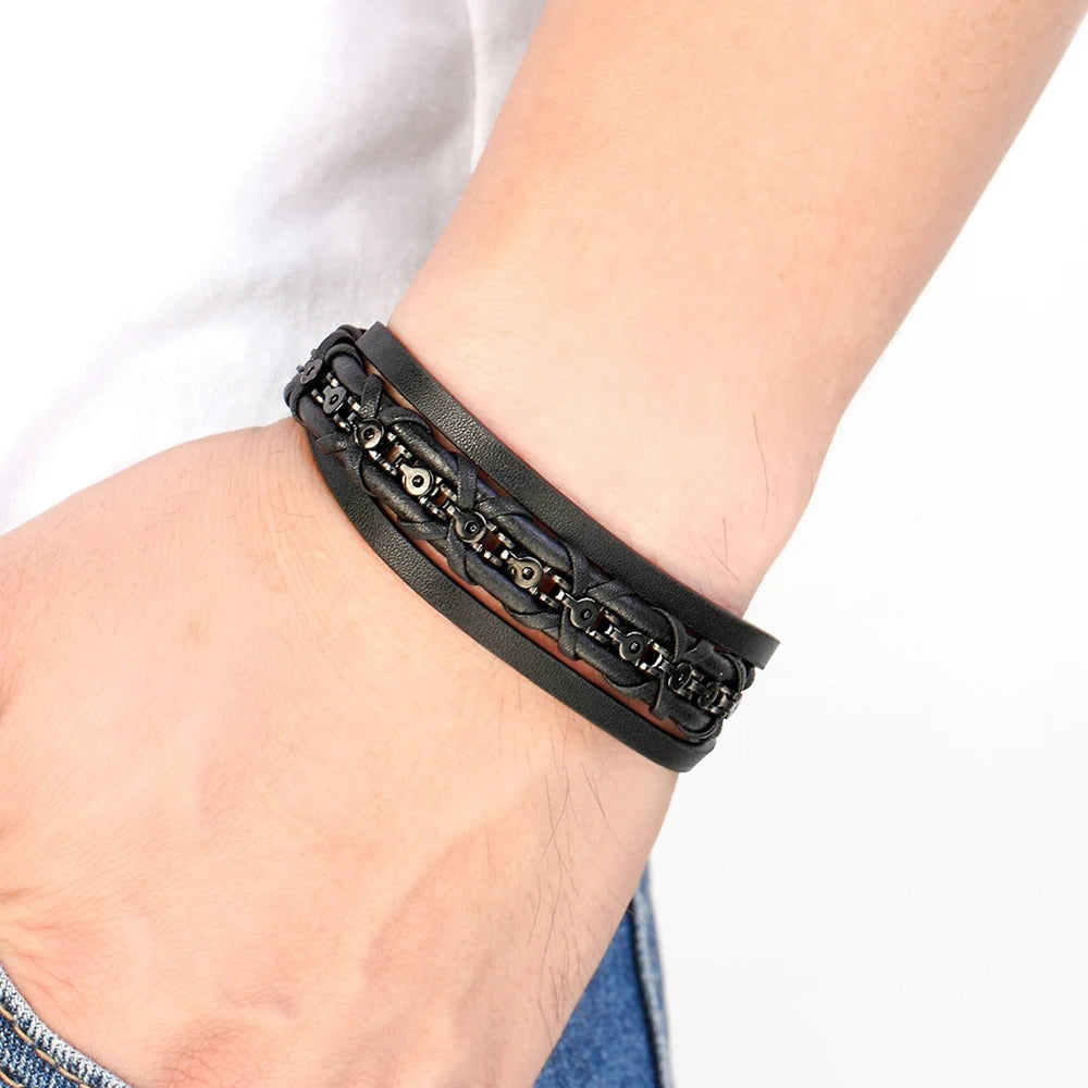 ForgeLayer | Multilayer Leather Bracelet with Chain Detail & Magnetic Clasp