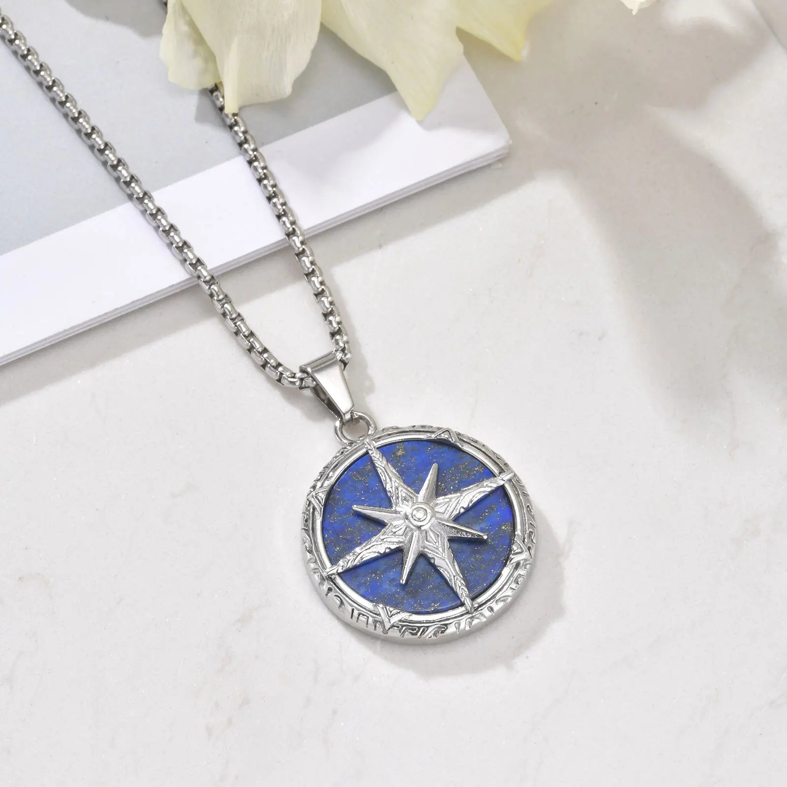 Compass Pendant with Natural Stone – Stainless Steel Star Necklace for Men