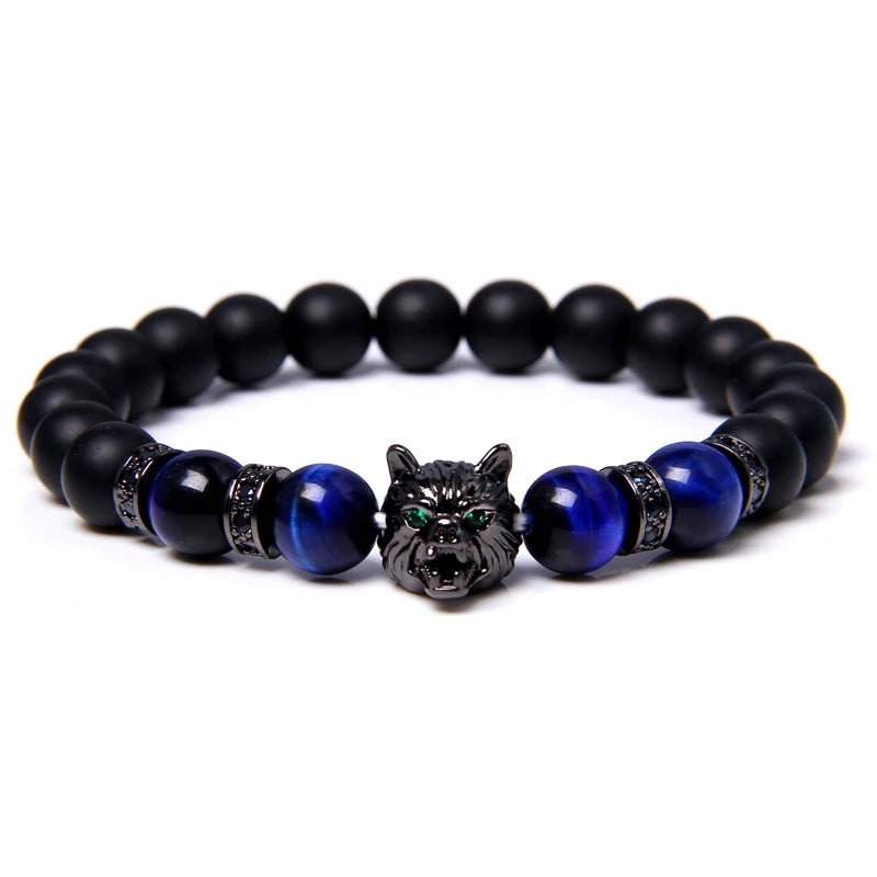 Alpha Wolf Lava Stone Bracelet – Blue Tiger Eye Beads | Gravín Totem