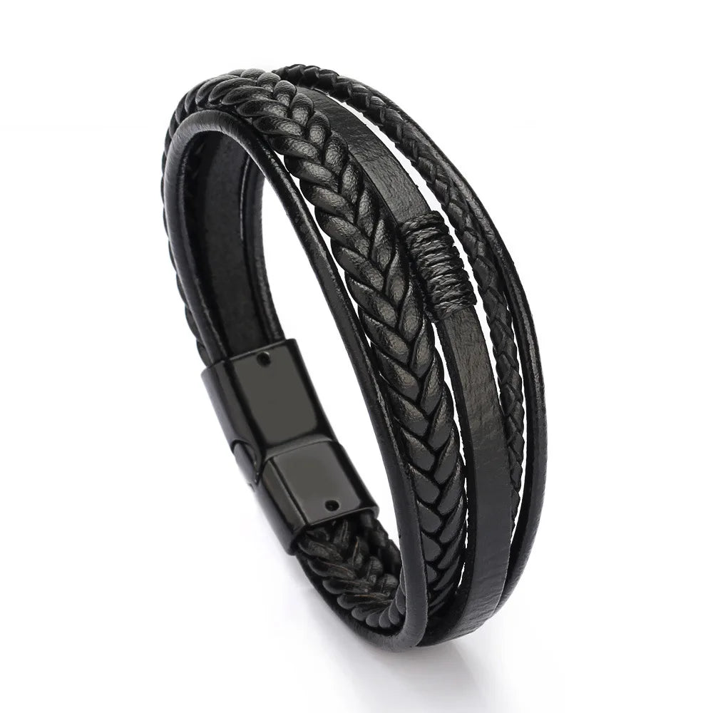 Gravín Layered Leather Bracelet – Braided & Steel Combo