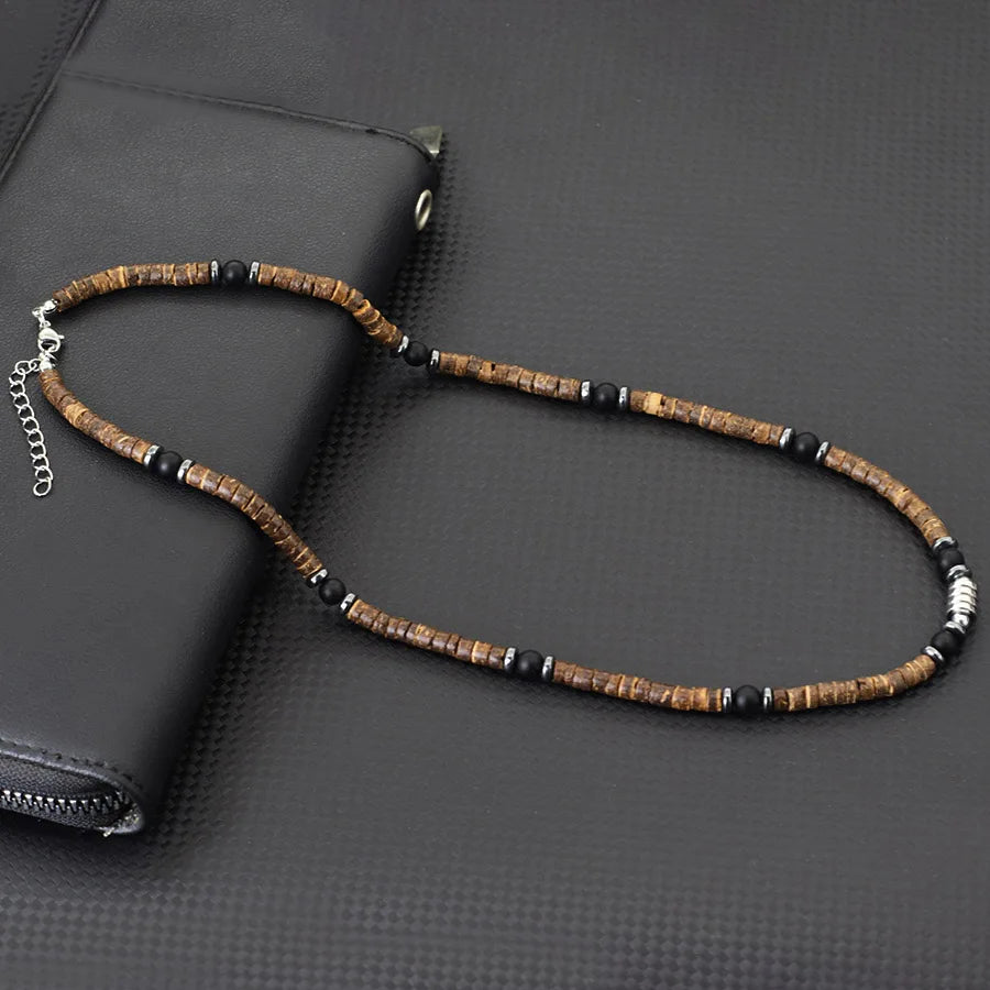 Natural Coconut Husk & Volcanic Stone Necklace – 5mm Tribal Collar for Men