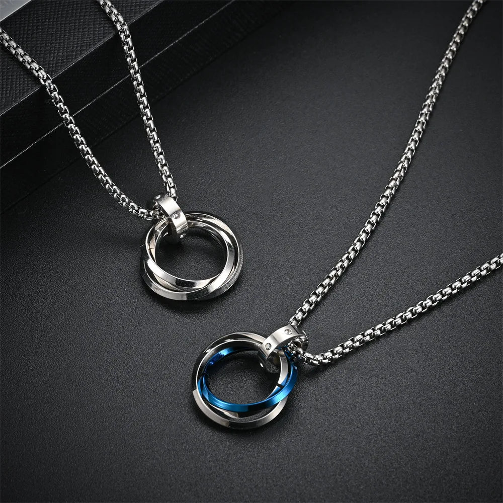 Triple Ring Pendant Necklace – Titanium Steel Hip-hop Chain for Men