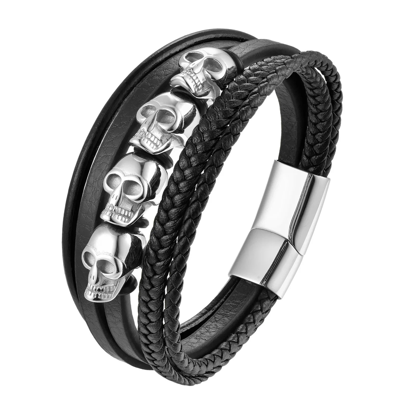 Braided Leather Skull Bracelet – Stainless Steel Magnetic Clasp