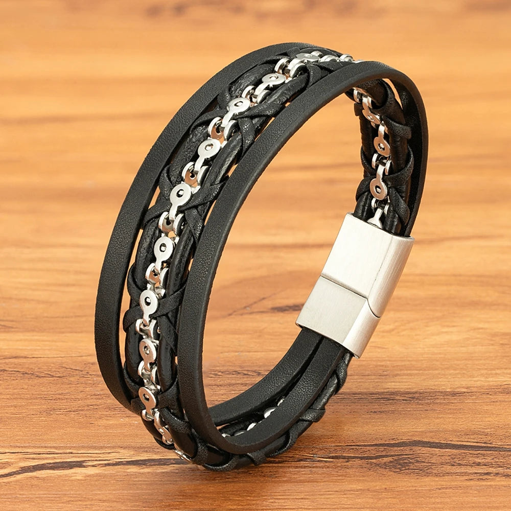 ForgeLayer | Multilayer Leather Bracelet with Chain Detail & Magnetic Clasp