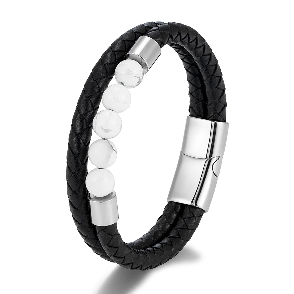 Double-Layer Leather Bracelet with Natural Stone Beads | Gravín Edge