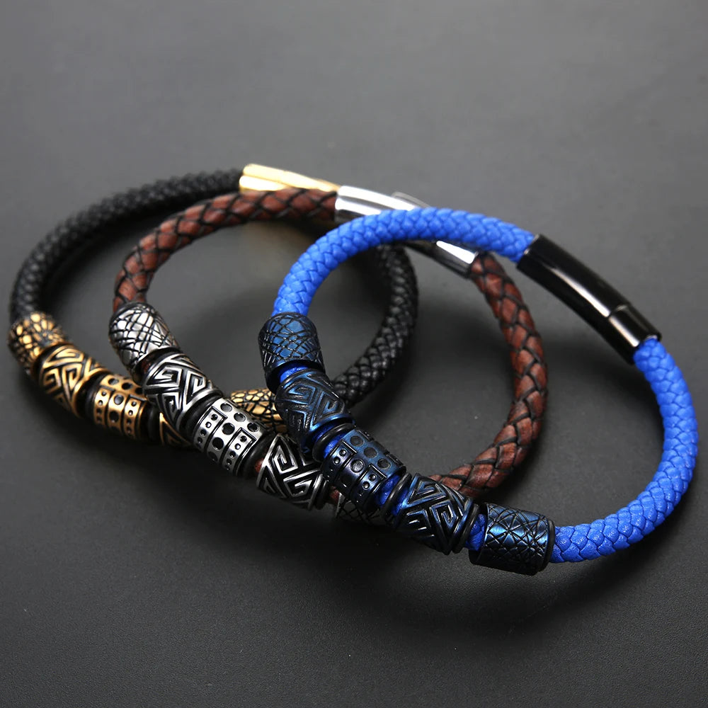 Gravín Tribal Bead Bracelet – Braided Leather & Steel Core