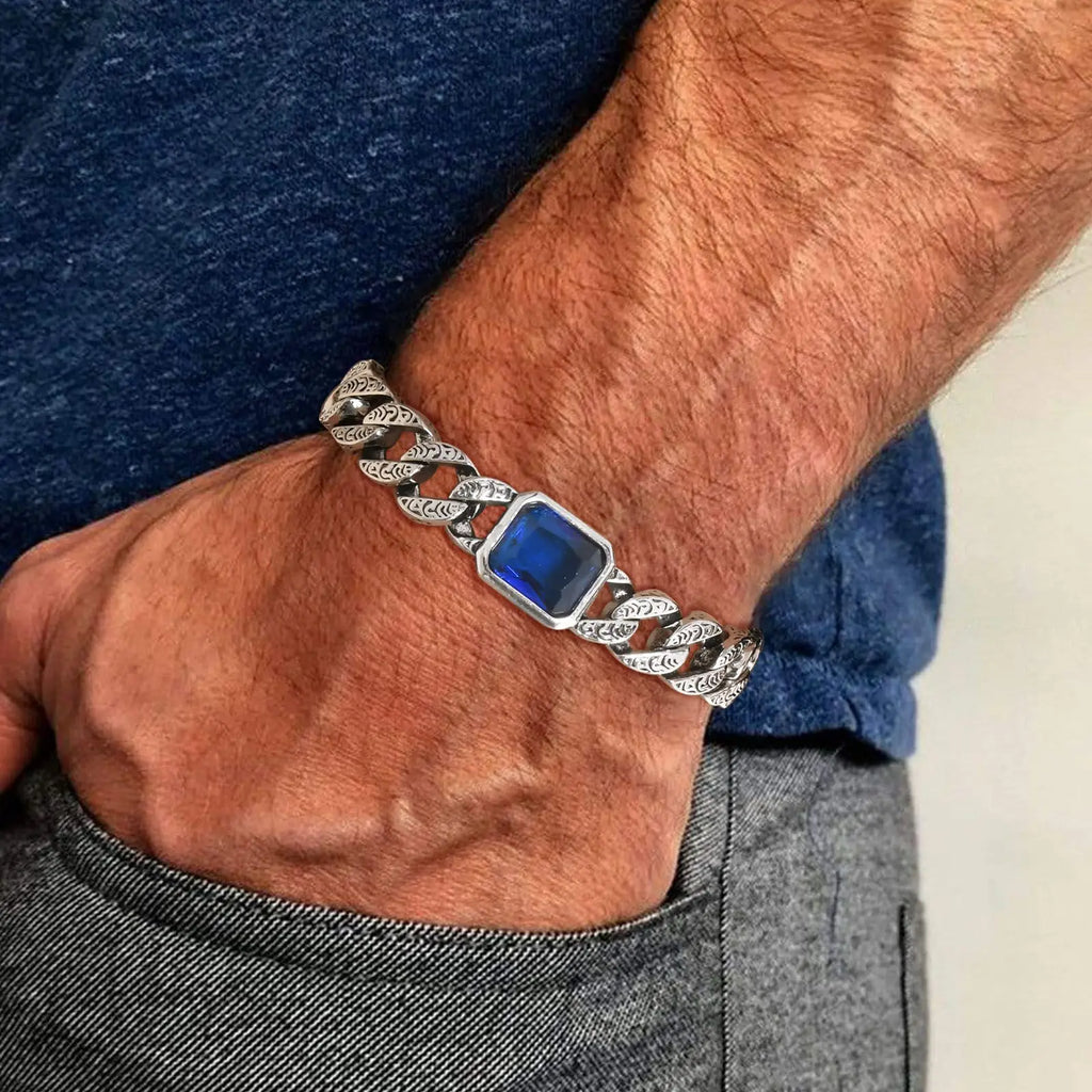 Gravín Cuban Chain Bracelet with Blue Gemstone – Bold Geometric Luxury