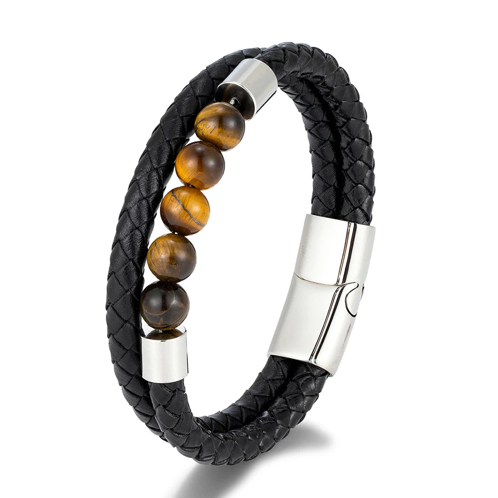 Double-Layer Leather Bracelet with Natural Stone Beads | Gravín Edge