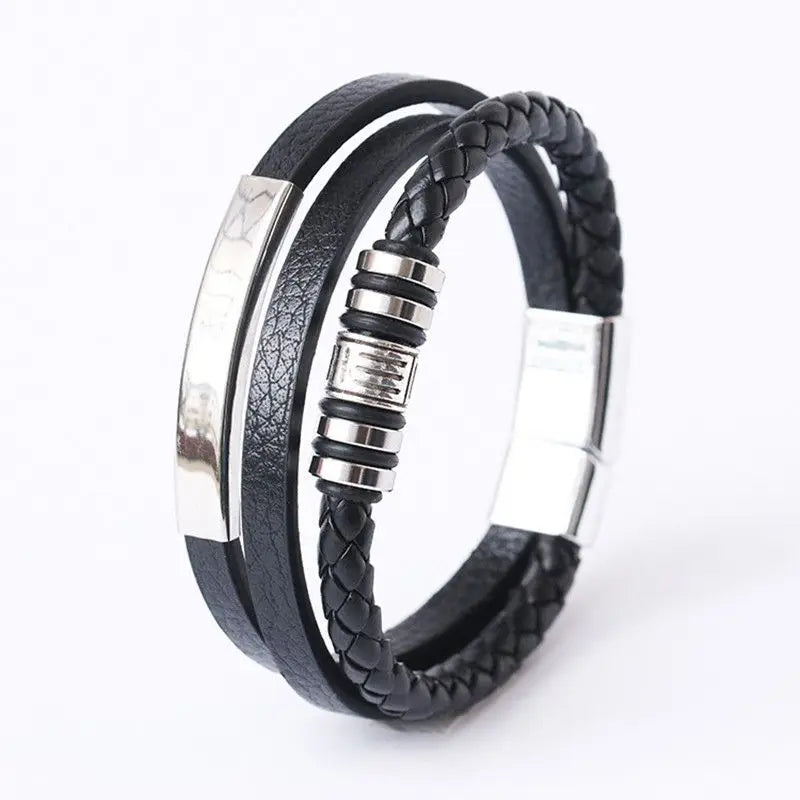 Gravín Layered Leather Bracelet – Braided & Steel Combo