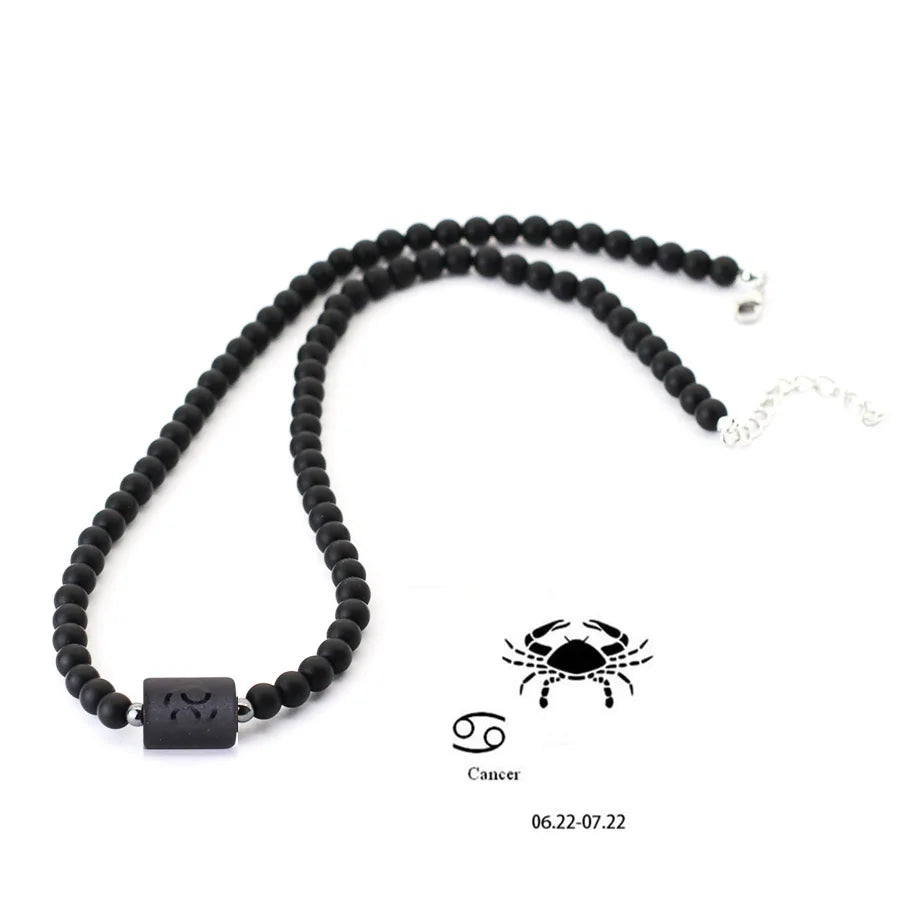 Black Onyx Zodiac Beads Necklace – 12 Constellations Stone Collar for Men