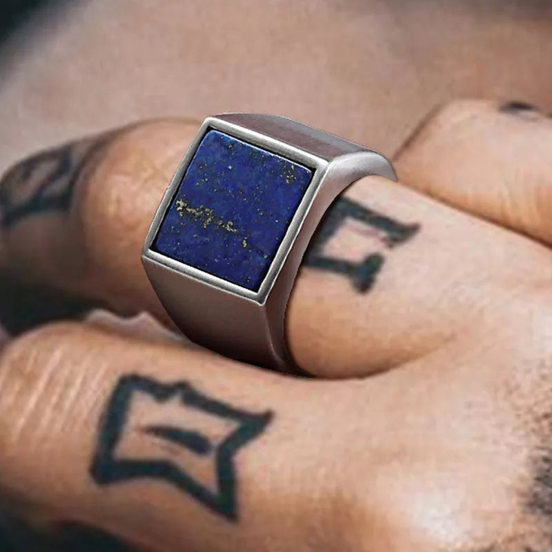 ZORCVENS Blue Nature Stone Ring for Men Boys,316l Stainless Steel Square Ring,Thumb Ring Male Jewelry Gifts