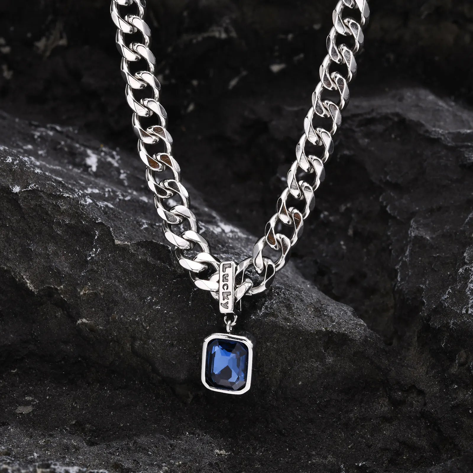 Cuban Chain Necklace with Square Blue Stone – Stainless Steel Pendant Jewelry for Men