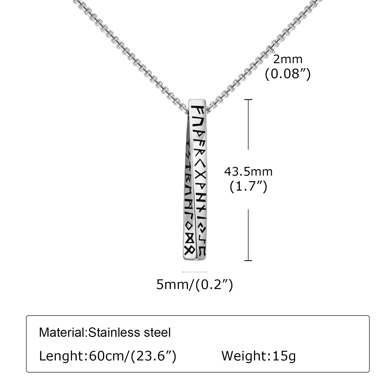 Viking Rune Bar Pendant – 3D Stainless Steel Protection Necklace for Men