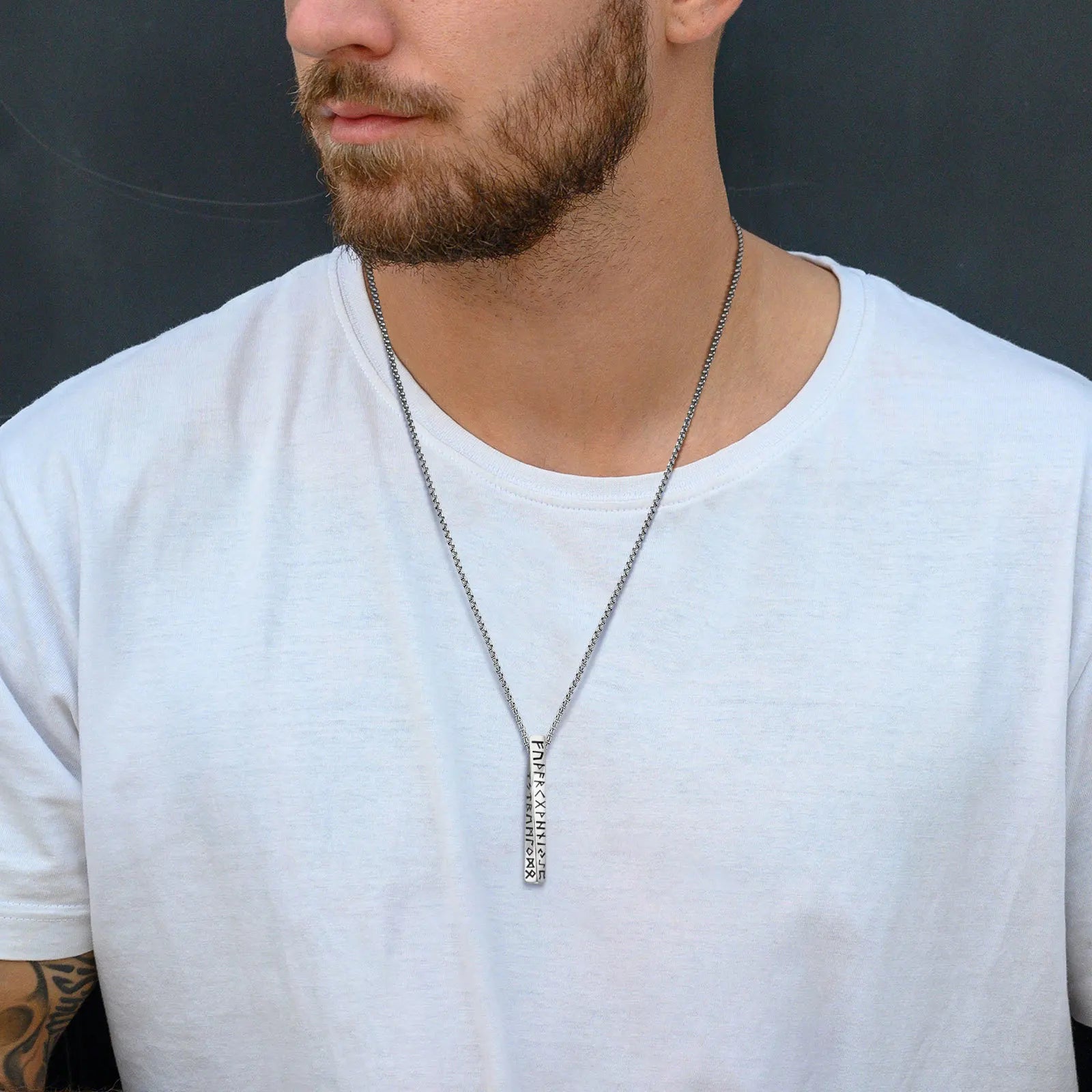 Viking Rune Bar Pendant – 3D Stainless Steel Protection Necklace for Men