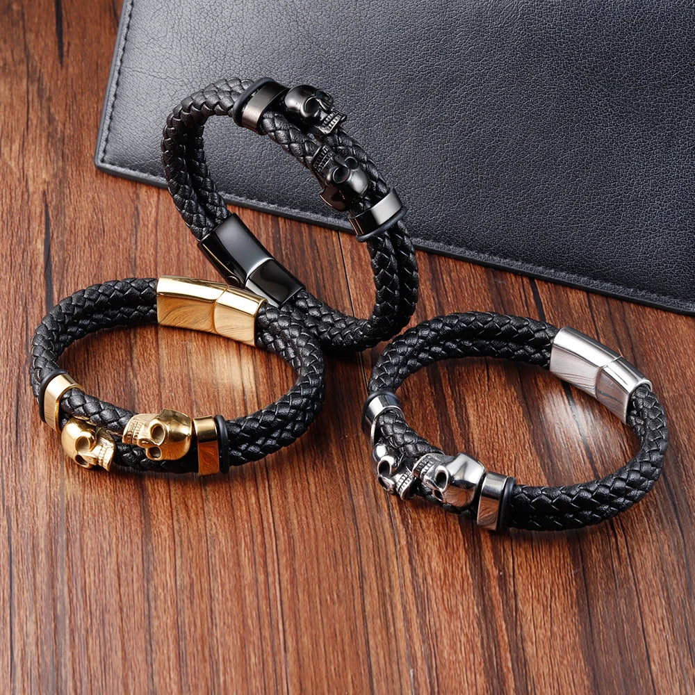 Braided Leather Skull Bracelet – Stainless Steel Magnetic Clasp