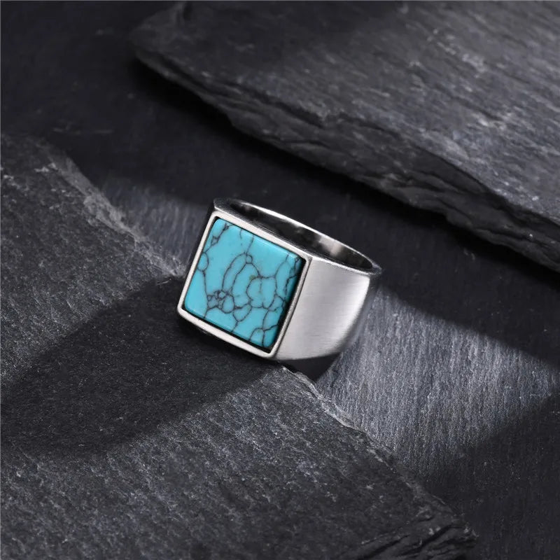 ZORCVENS Blue Nature Stone Ring for Men Boys,316l Stainless Steel Square Ring,Thumb Ring Male Jewelry Gifts
