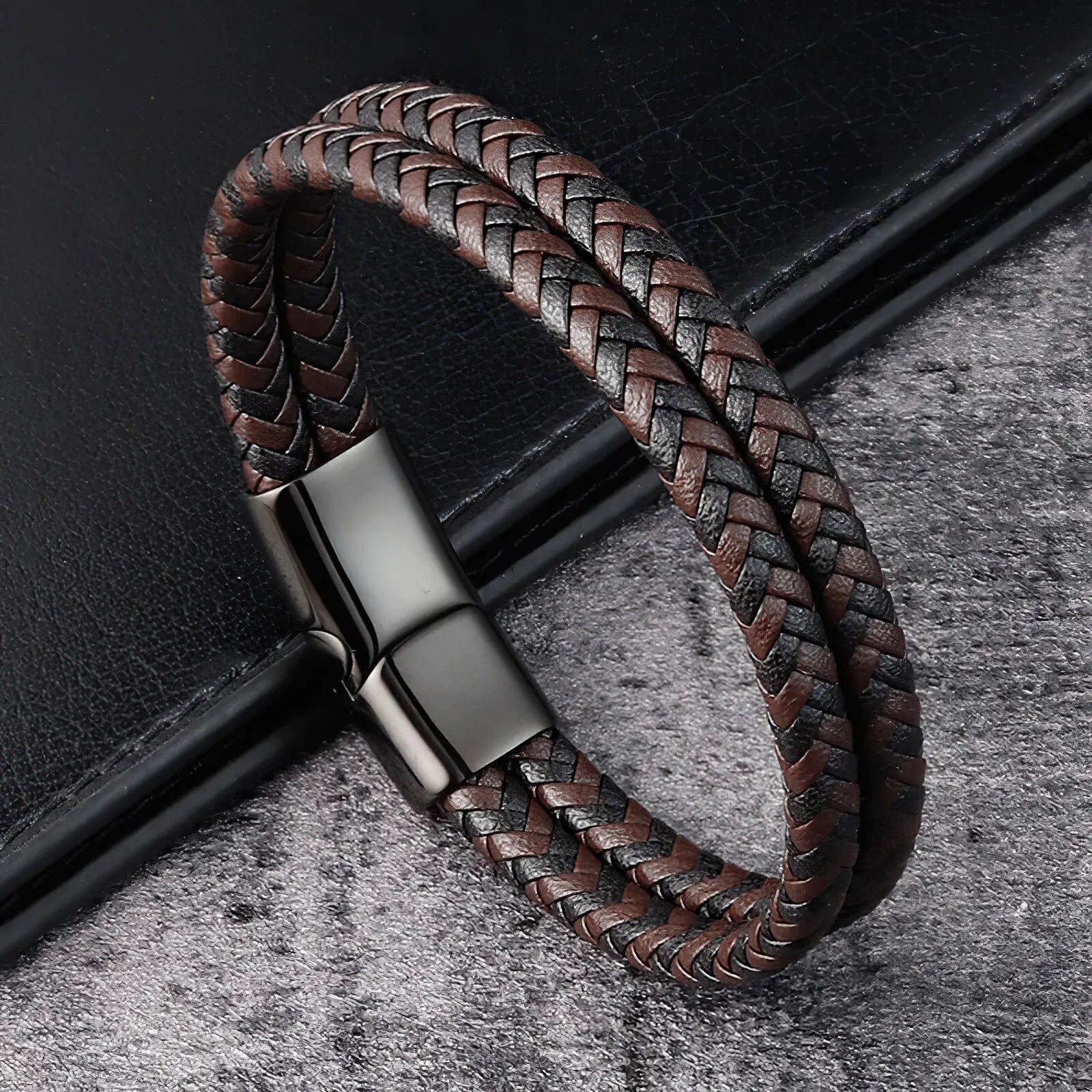 Double Braided Leather Bracelet – Black & Blue Edition