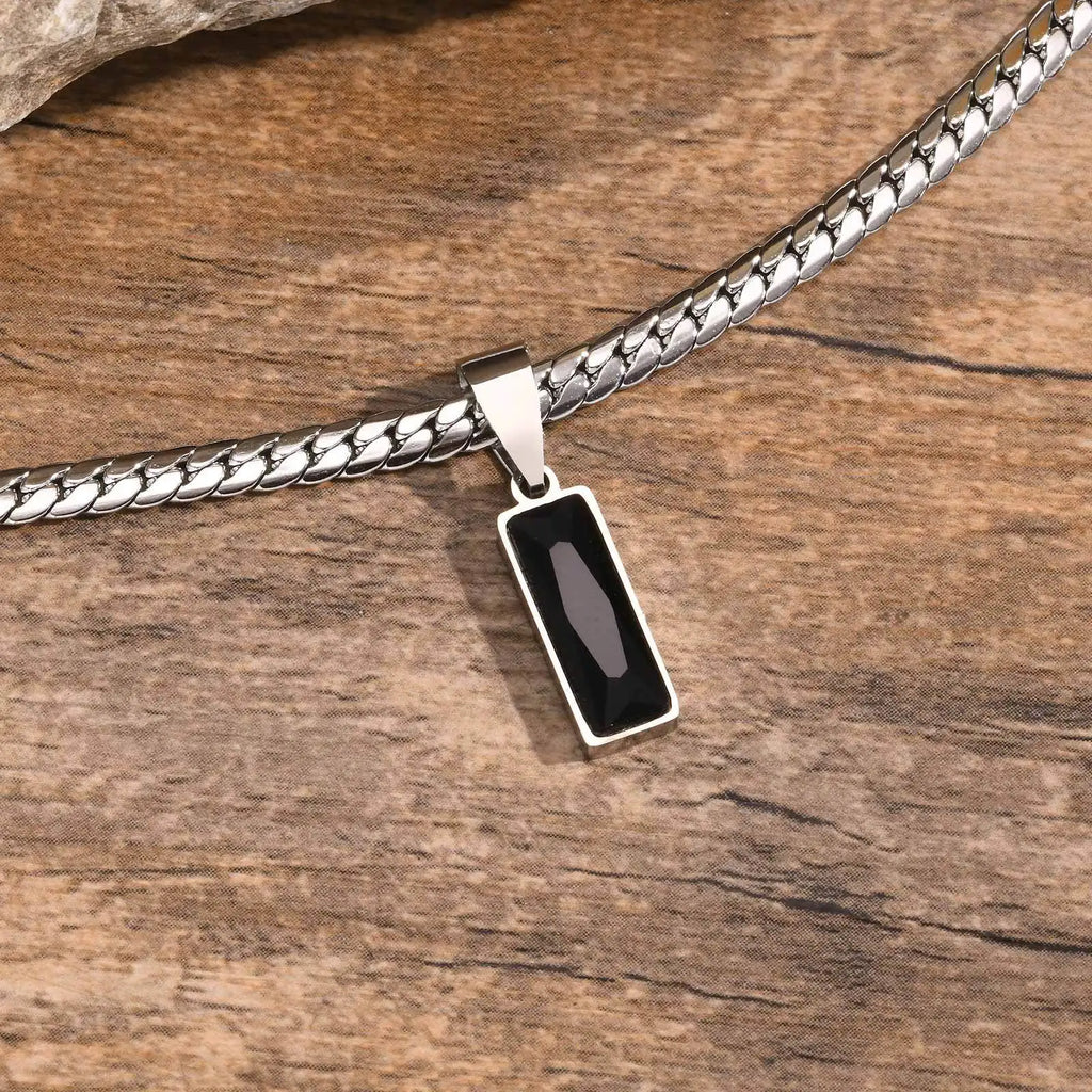 Minimalist Geometric Black Pendant – Stainless Steel Square Necklace for Men & Women