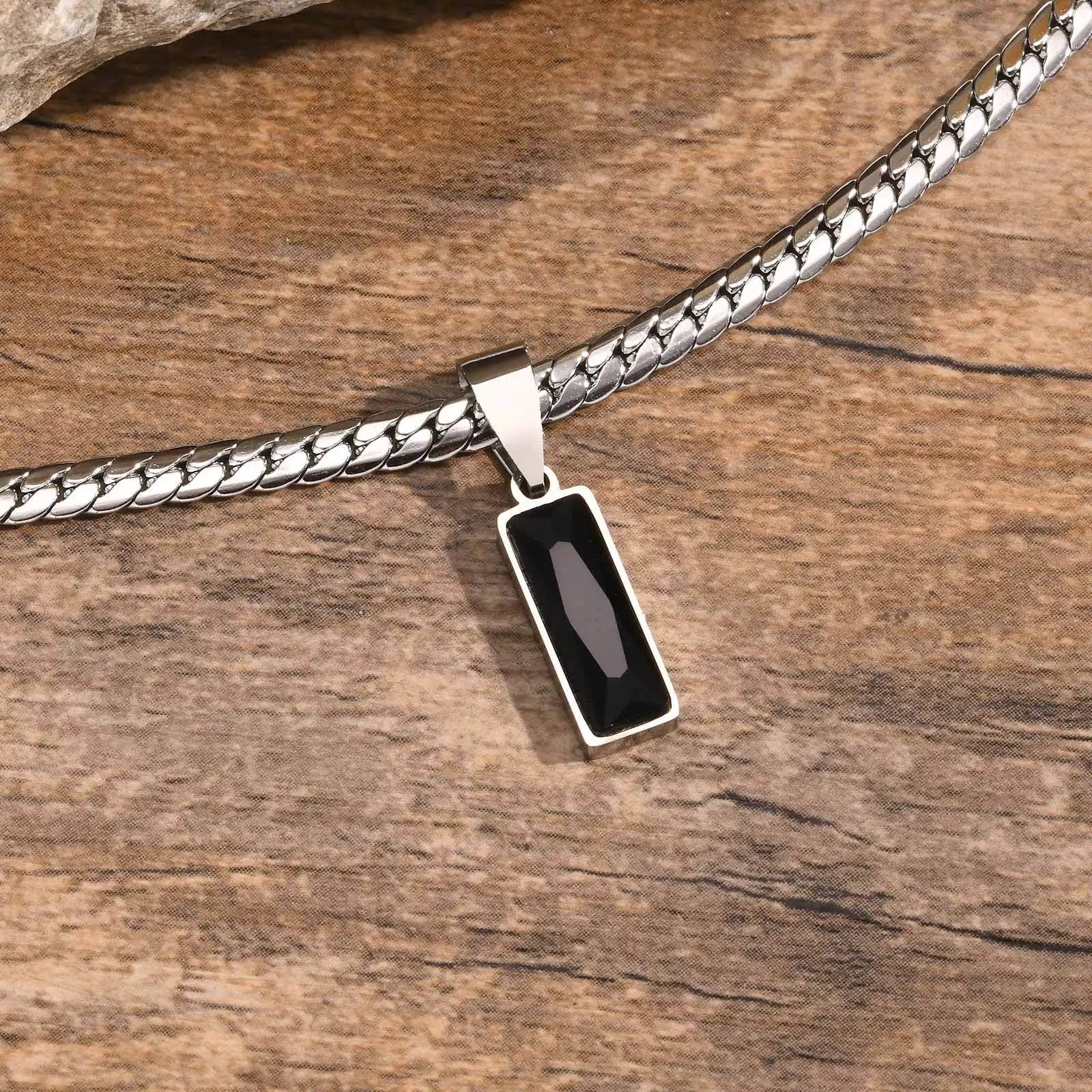 Minimalist Geometric Black Pendant – Stainless Steel Square Necklace for Men & Women