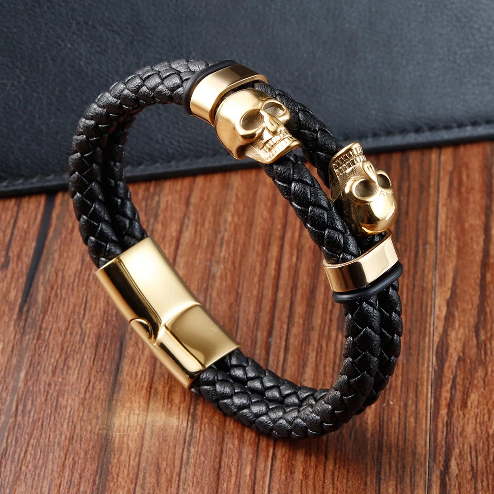 Braided Leather Skull Bracelet – Stainless Steel Magnetic Clasp
