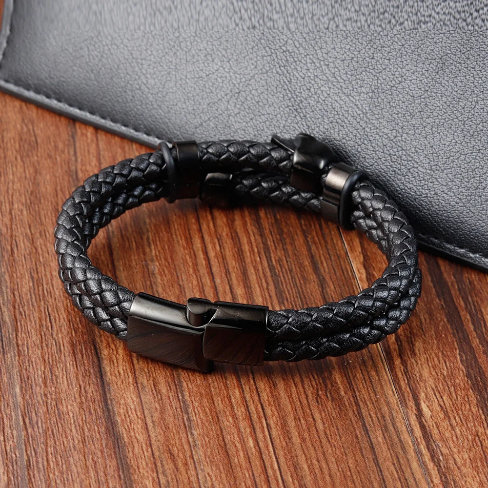 Braided Leather Skull Bracelet – Stainless Steel Magnetic Clasp