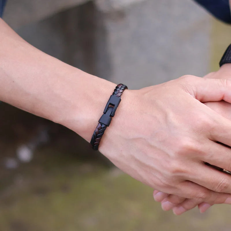 Classic Woven Leather Bracelet – Matte Black Buckle