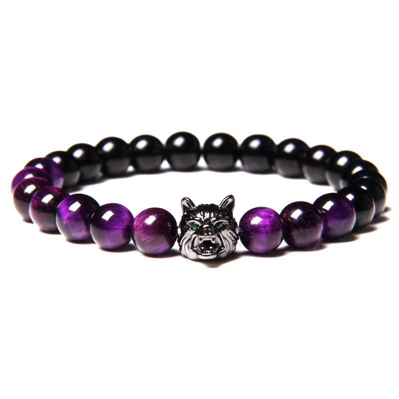 Alpha Wolf Lava Stone Bracelet – Blue Tiger Eye Beads | Gravín Totem