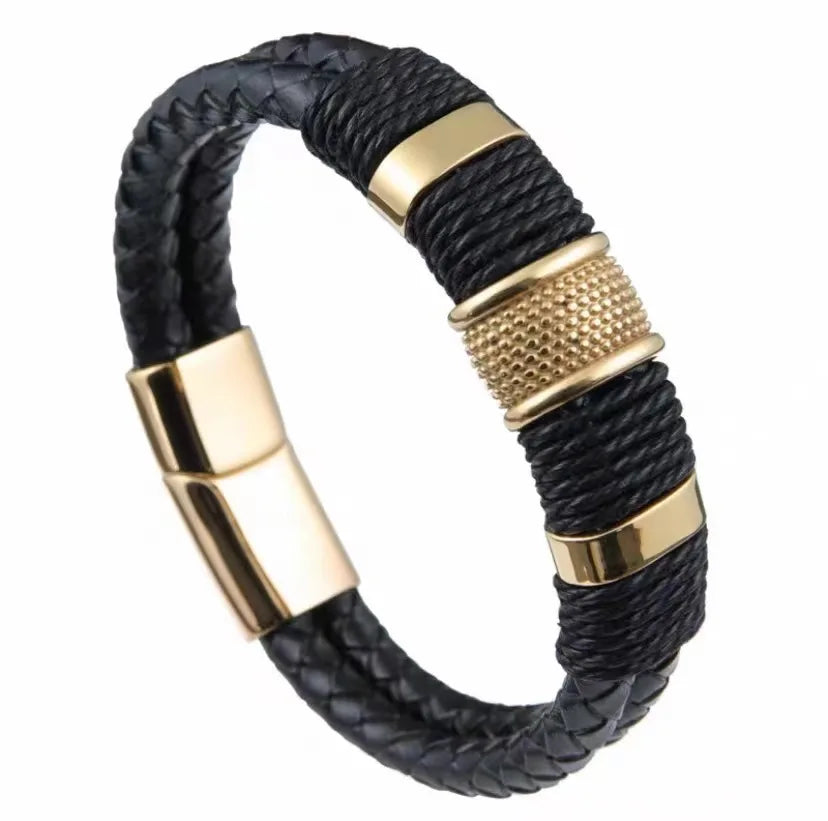 Dual-Layer Leather Bracelet with Stainless Steel Accent
