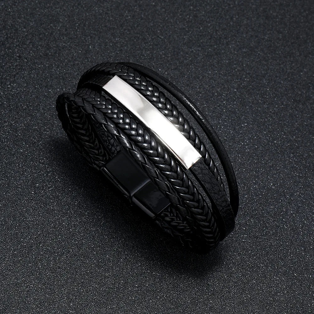 Gravín Layered Leather Bracelet – Braided & Steel Combo