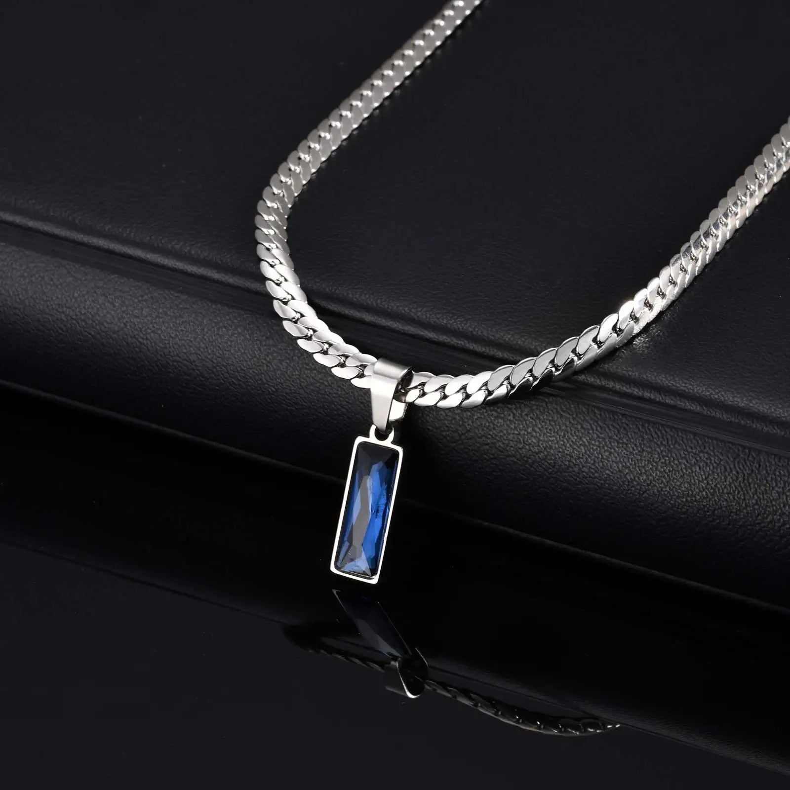 Cuban Chain Necklace with Blue Rectangle Pendant – Stainless Steel Geometric Hip Hop Jewelry for Men