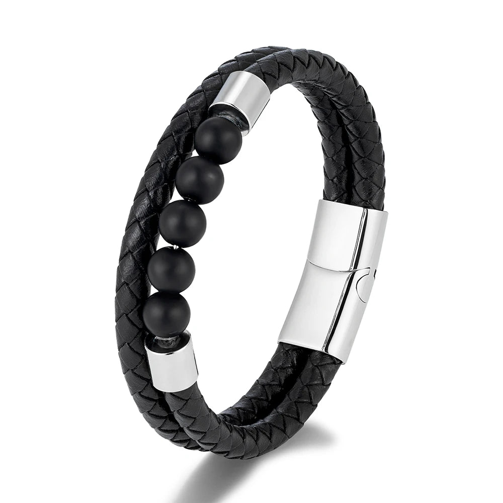 Double-Layer Leather Bracelet with Natural Stone Beads | Gravín Edge