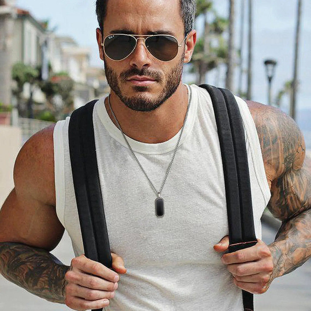 Geometric Black Bar Pendant – Waterproof Stainless Steel Necklace for Men