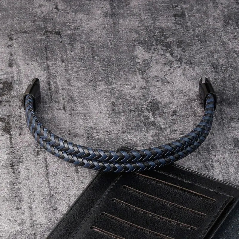 Double Braided Leather Bracelet – Black & Blue Edition
