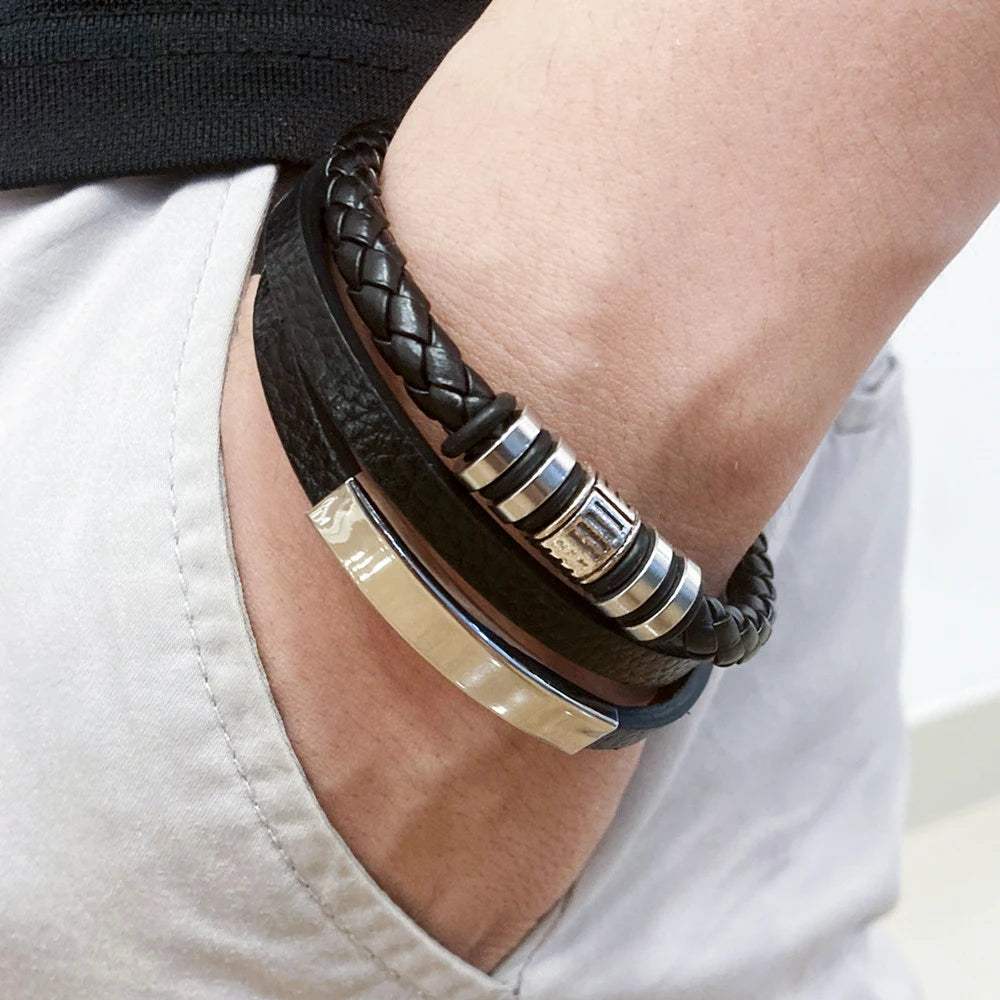 Gravín Layered Leather Bracelet – Braided & Steel Combo