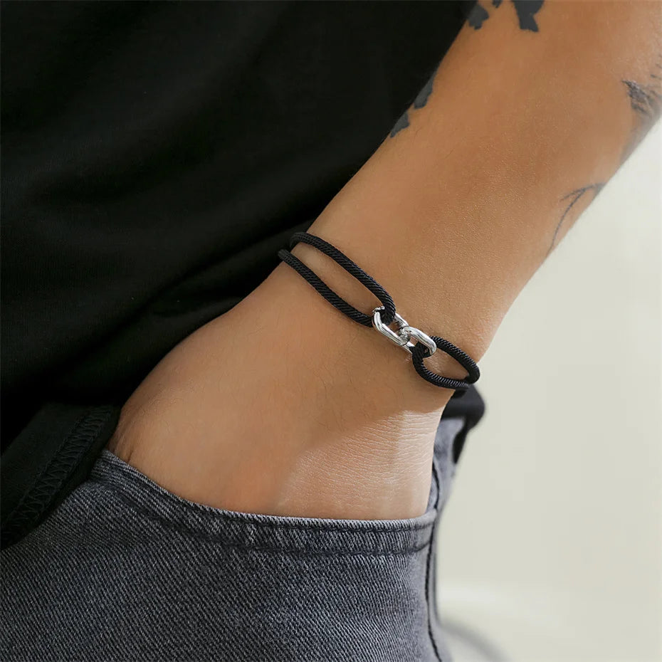 Urban Link Rope Bracelet – Adjustable Black Cord with Dual Metal Hook | Gravín Street