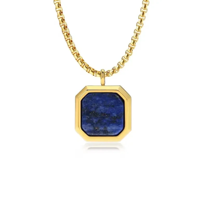 Square Lapis Lazuli Pendant – Stainless Steel Chain Necklace for Men