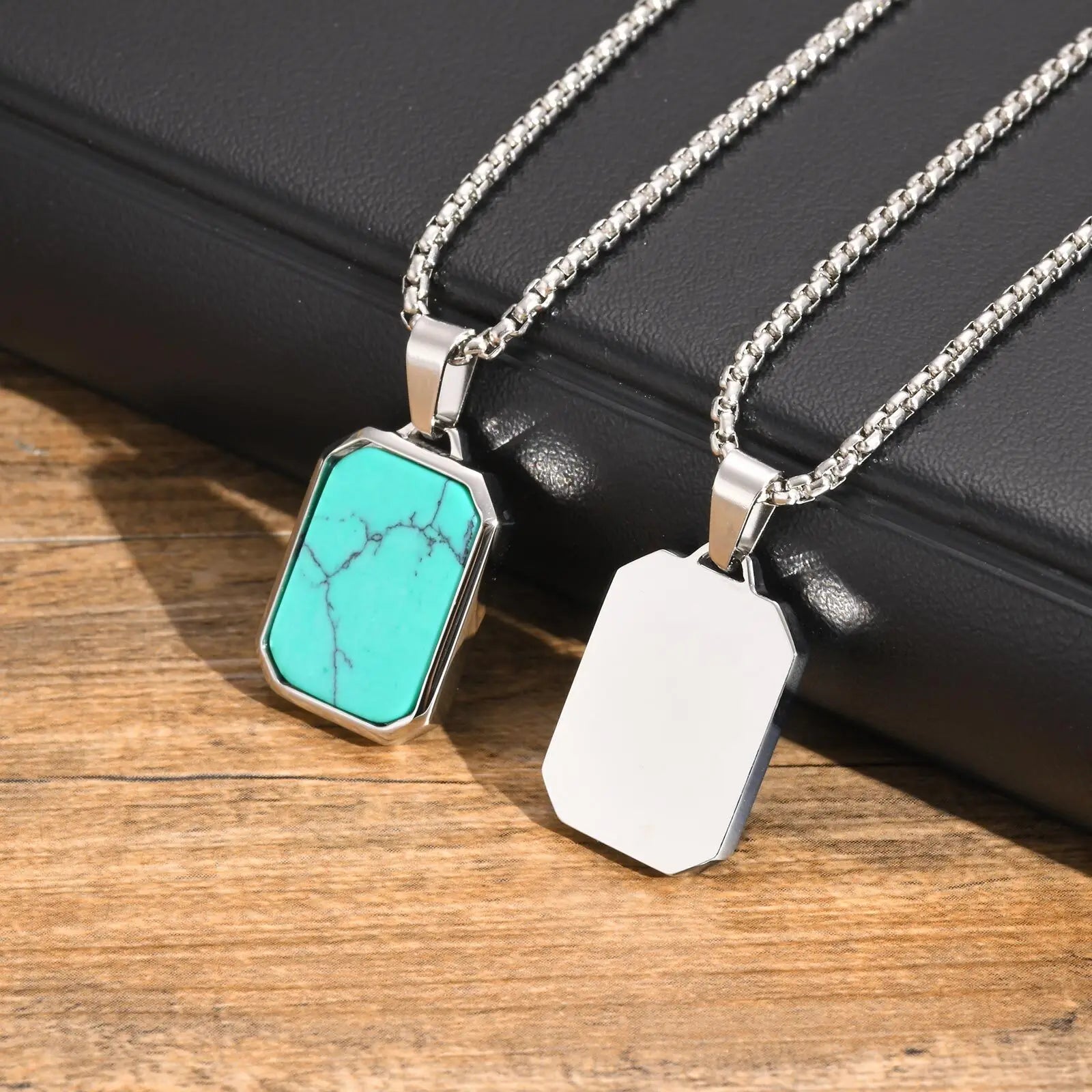Geometric Turquoise Stone Pendant – Stainless Steel Necklace for Men