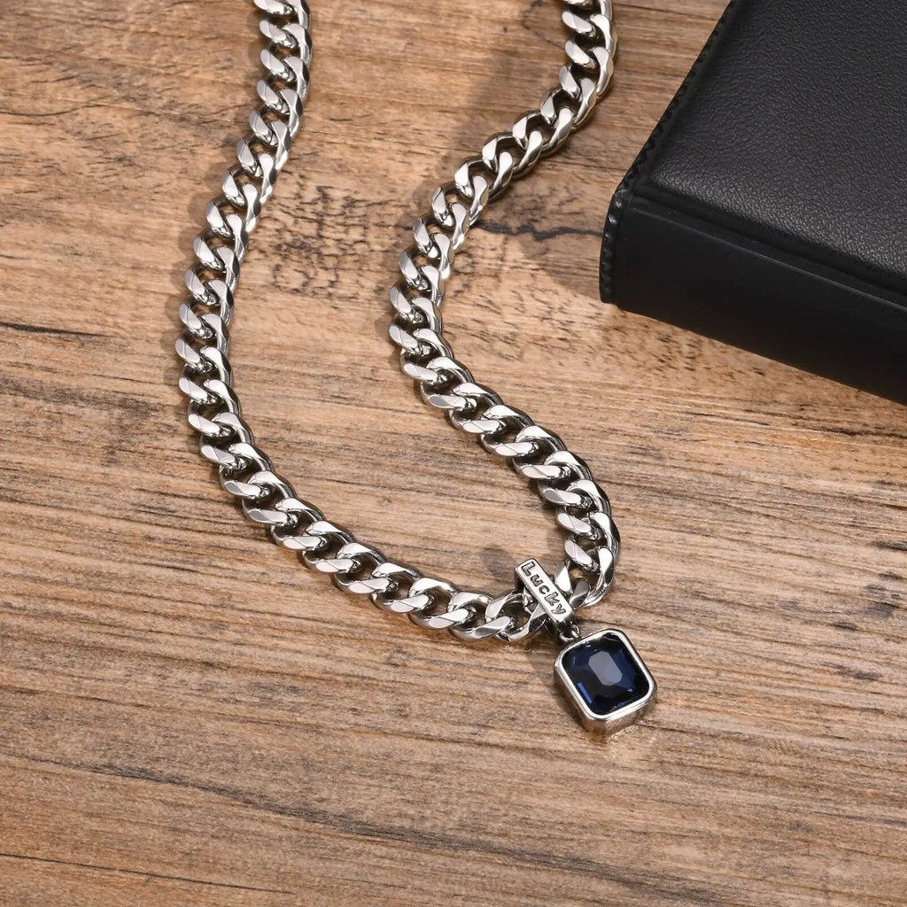 Cuban Chain Necklace with Square Blue Stone – Stainless Steel Pendant Jewelry for Men